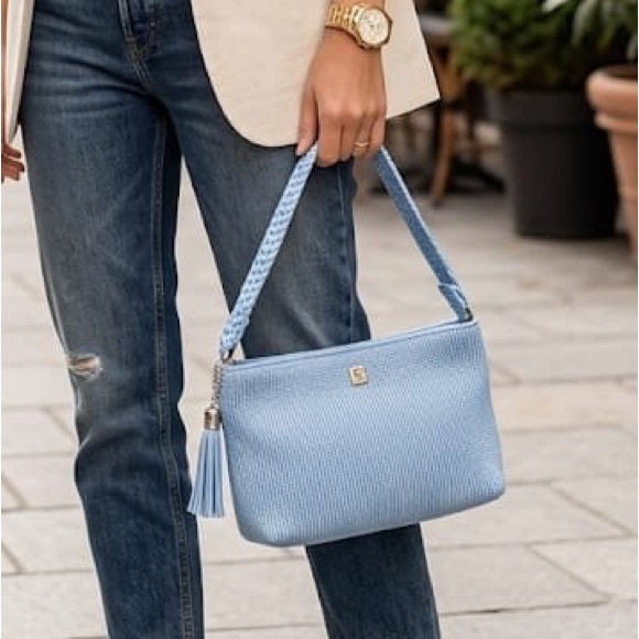 Lina Handbags - Lina Light Blue Woven Shoulder Bag with Braided Strap